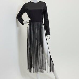 Black Long-Sleeve Fringe Maxi Top – Modern Glam Statement Piece